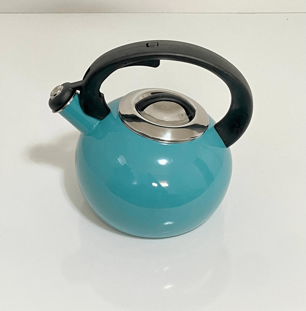 Enamel-on-Steel Whistling Tea Kettle 2.3 Quart Anti-Hot Folding Handle Turquoise
