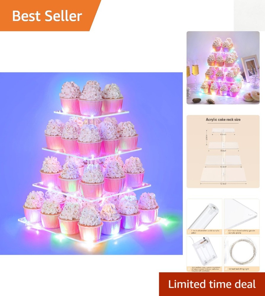 Versatile 4-Tier Cupcake Holder with LED String Lights - Durable Acrylic Design