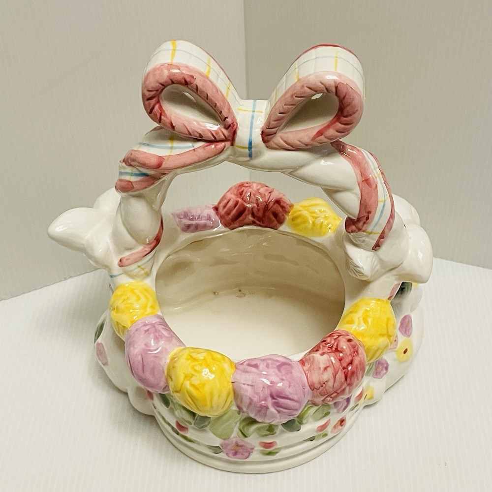 Ceramic Easter Egg Basket with Bow Handle Spring Bouquet and 2 Bunnies/Rabbits.
