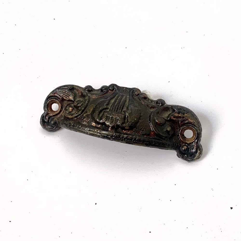 Two 4.25" Cast Iron Drawer Bin Pulls Lyre Scrolls Sargent & Co. NY CT c1870s+