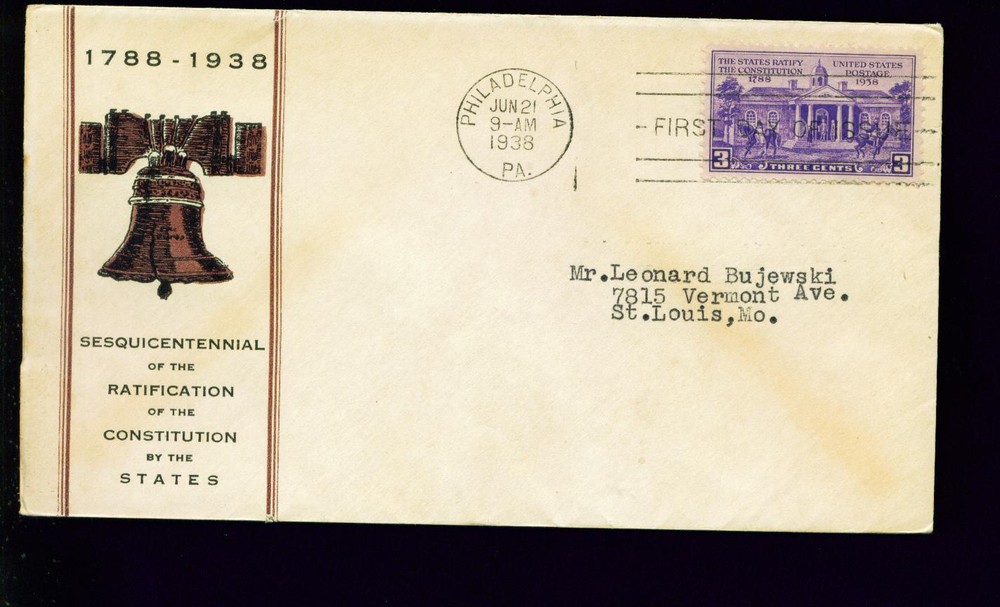 1938 FDC - Scott# 835 - Ratification - Linprint Cachet      ADD