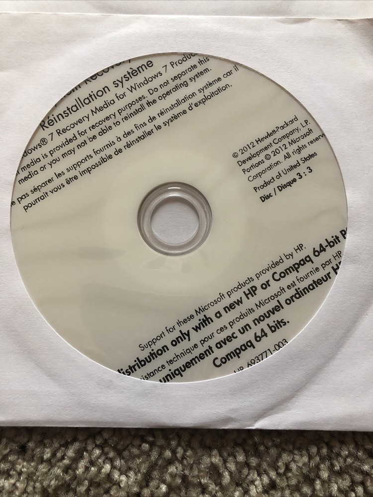 HP Windows 7 System Recovery Discs with Instruction paperwork
