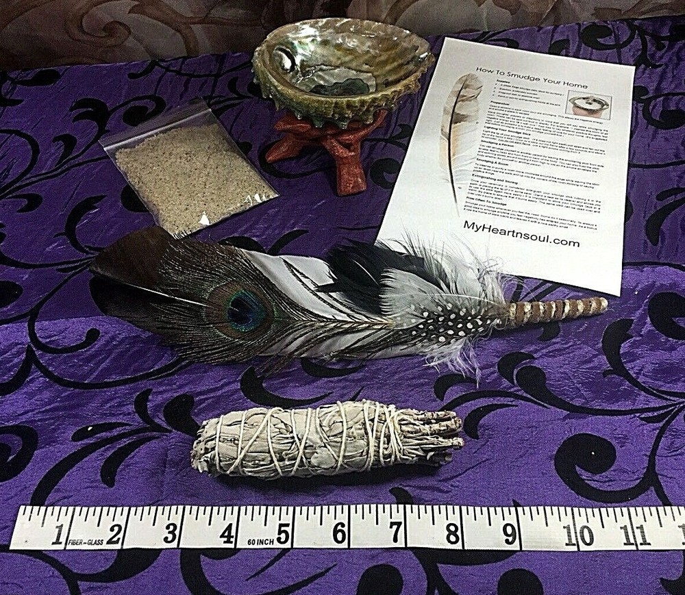 DELUXE SMUDGE KIT ABALONE SHELL STAND SAND SAGE FEATHER CLEANSING CLEARING
