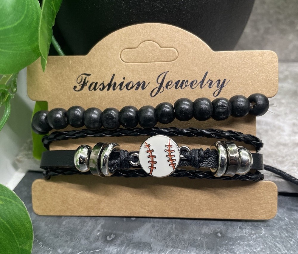 2 PC Baseball Wood Bead PU Leather Bracelet Stackable Adjustable Tie New B3350