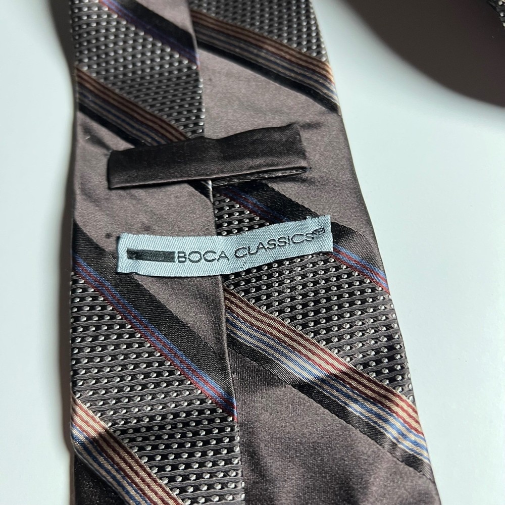 Boca Classics Silk Tie Brown Stripe Geometric Pattern Handmade