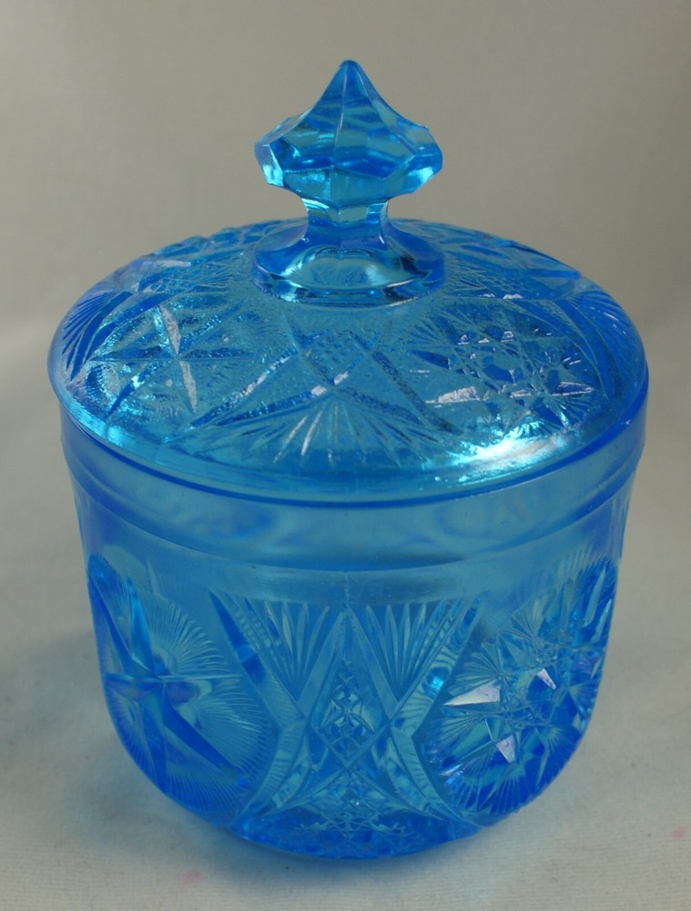 Kemple Blue Pressed Glass Covered Jar Yutec Pattern