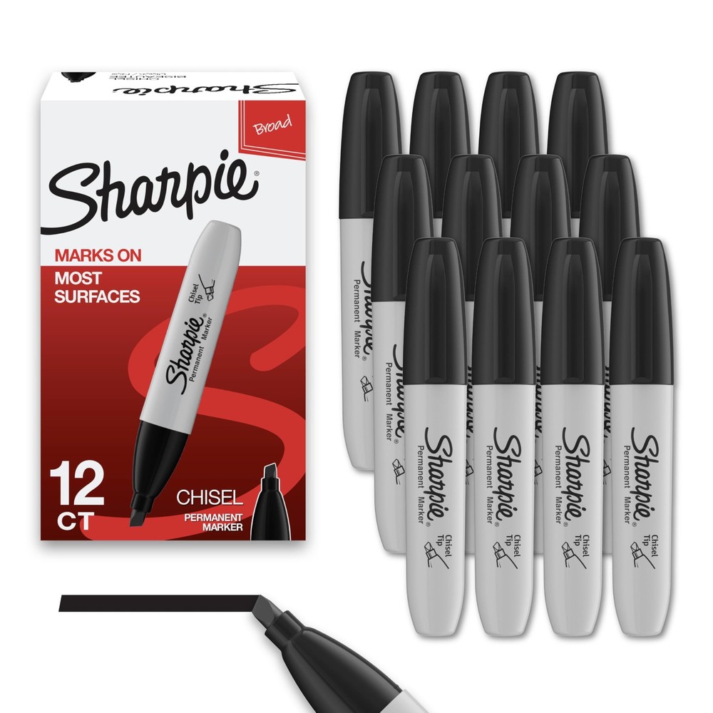 Sharpie Permanent Markers, Chisel Tip, Black, 12 Count - Home, School, Office