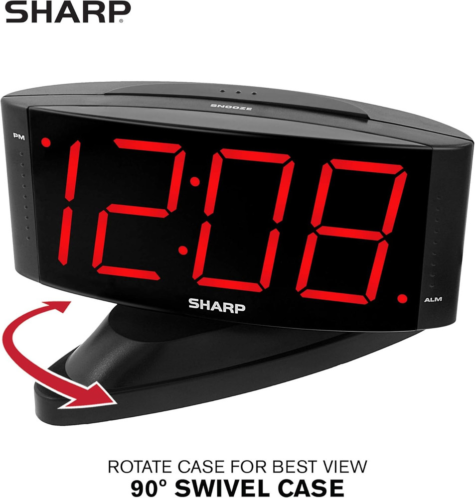 SHARP Home LED Digital Alarm Clock – Swivel Base - Outlet Powered, Simple