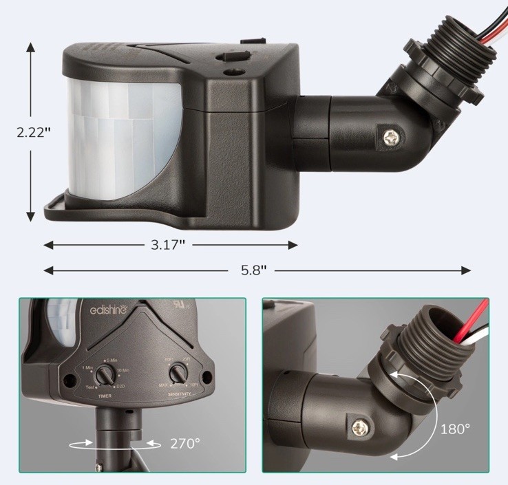 EDISHINE Motion Sensor, Automatic Dusk to Dawn, Motion PIR Sensor,240 Degree