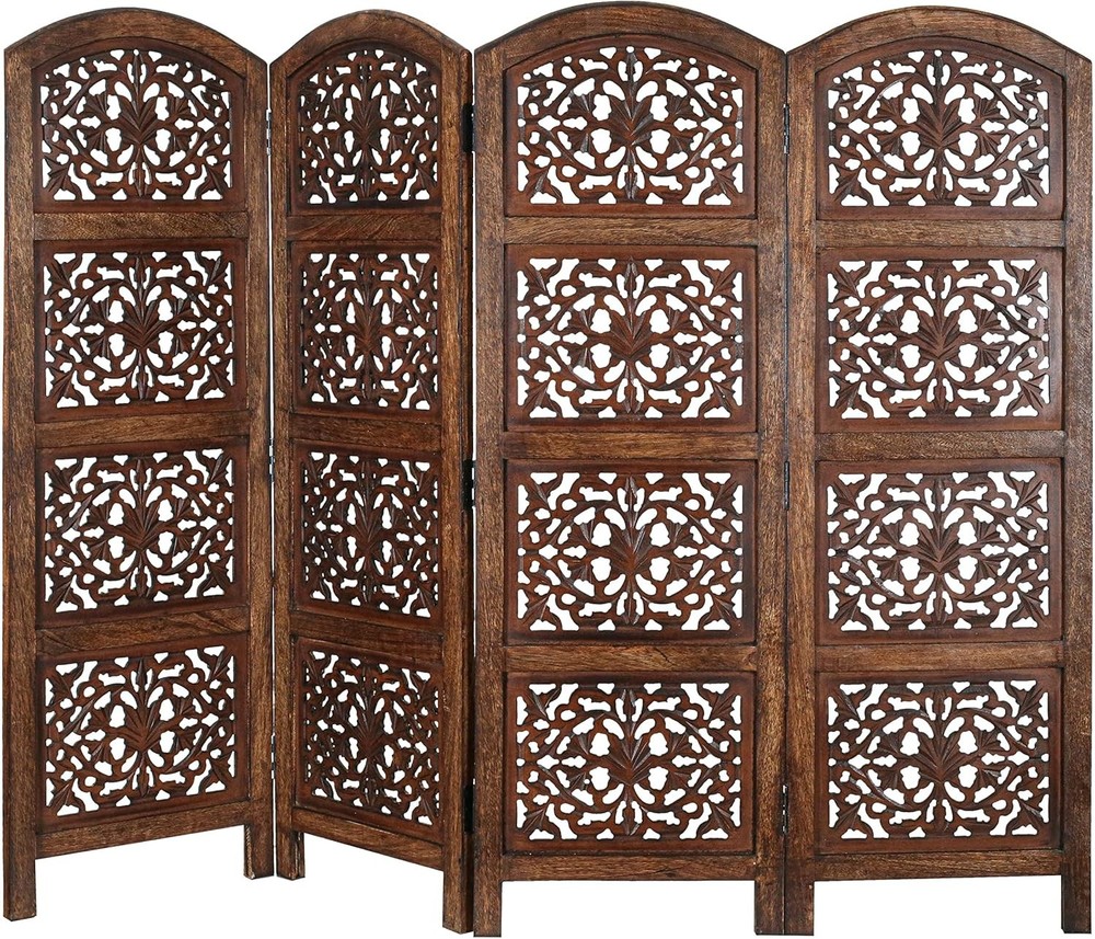 Room Divider Wood Screen Panel – White 4-Panel Folding 64"x54" Hand-Carved