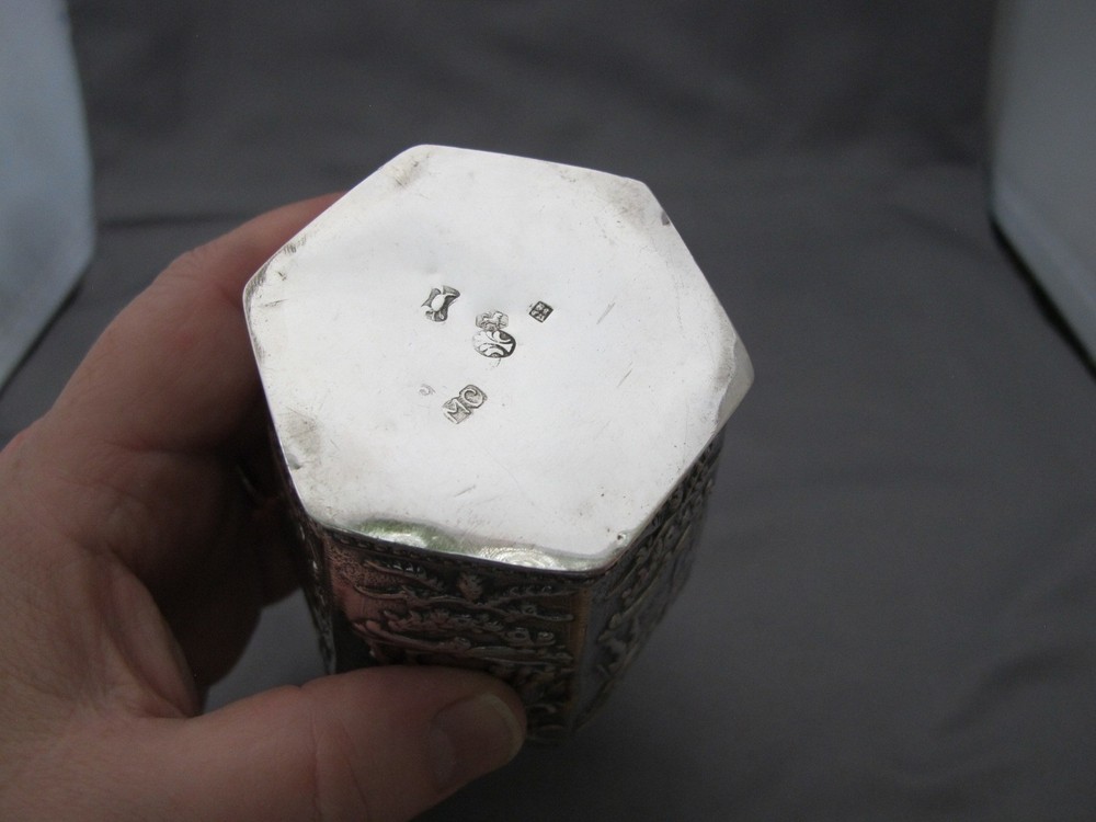 Antique DUTCH 835 Silver Repousse TEA CADDY-Hexagonal Form