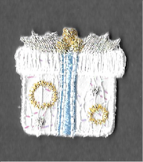 Present- Gift - White W/Embroidered Metallics - Iron On Patch - 1"W (2.5cm)