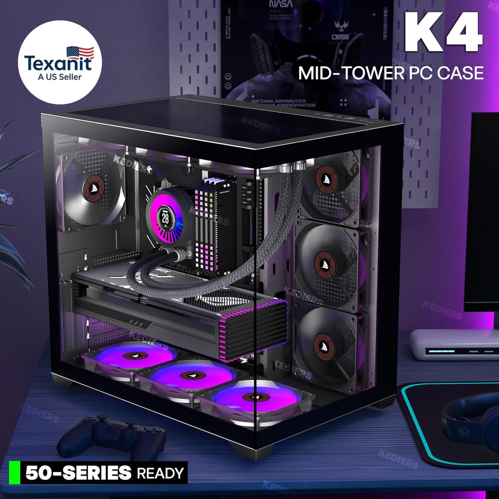 PC CASE ATX 4 Fans Pre-Installed, Type-C Mid Tower Computer Case with Full-View
