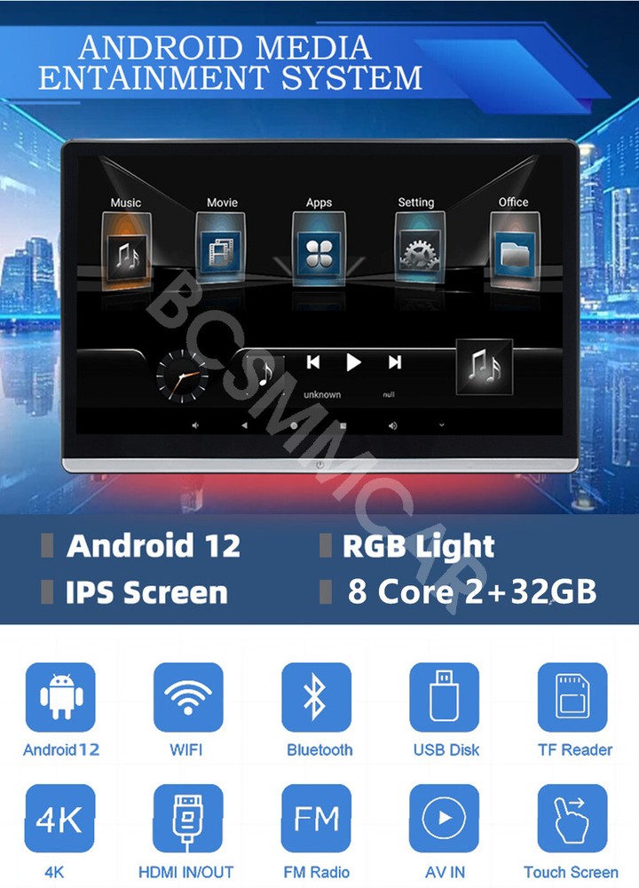 4K Car Rotatable Headrest Video Player With WiFi Bluetooth Android 12 Octa-core