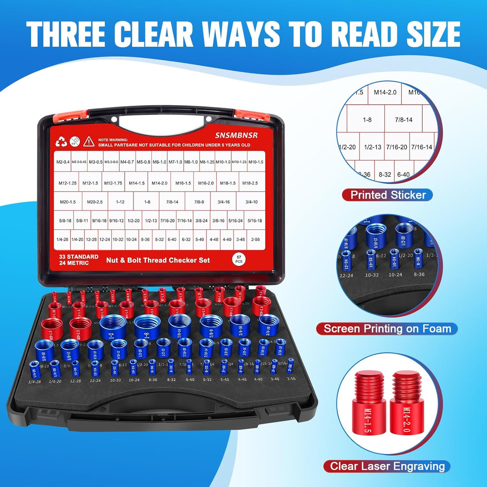 57Pcs Thread Checker, Nut and Bolt Thread Checker 33 Standard and 24 Metric Set,