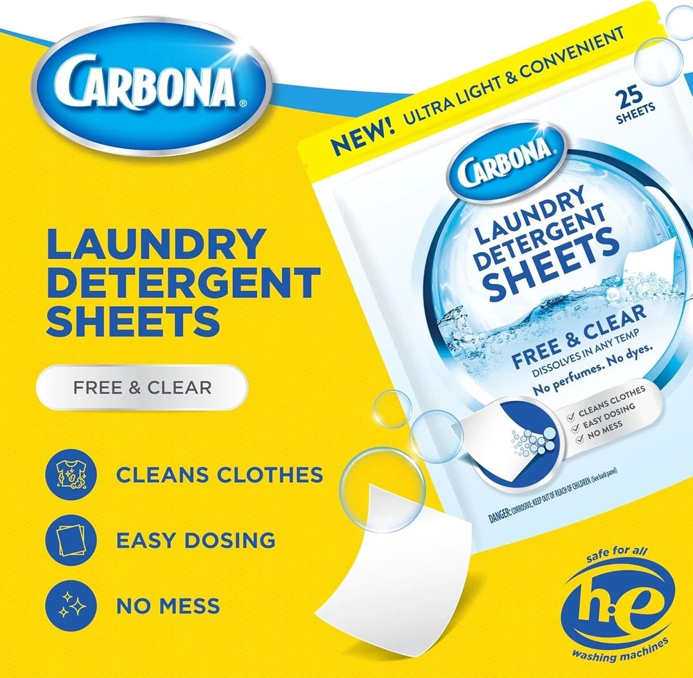 Carbona Laundry Detergent Sheets - Free and Clear, 2 Pack - 50 Sheets Total