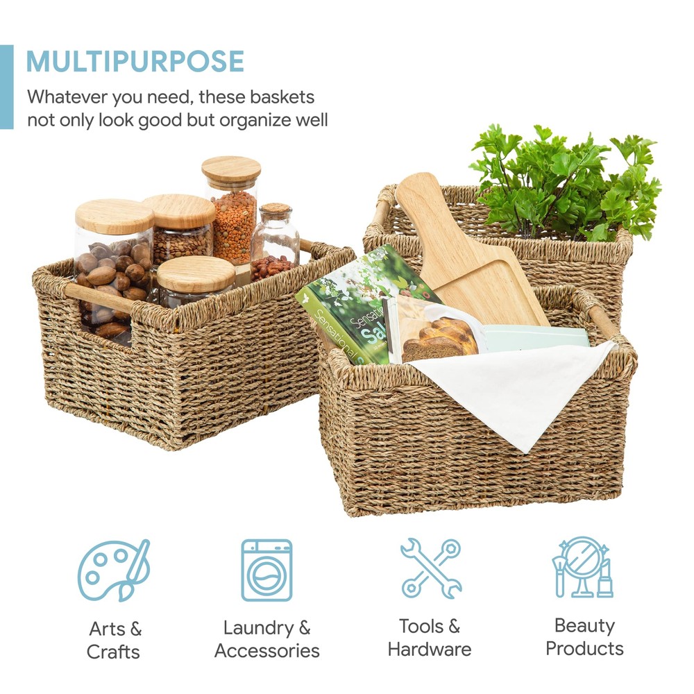 Natural Seagrass Basket With Wooden Handle Medium Rectuangular Wicker Basket For