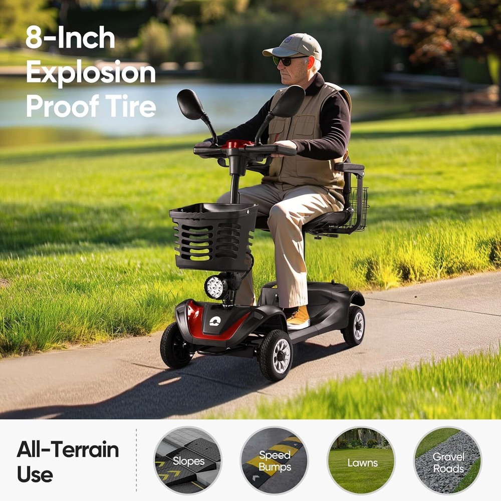 4 Wheels Mobility Scooter Long Range All Terrain LED Headlights W/ Two baskets
