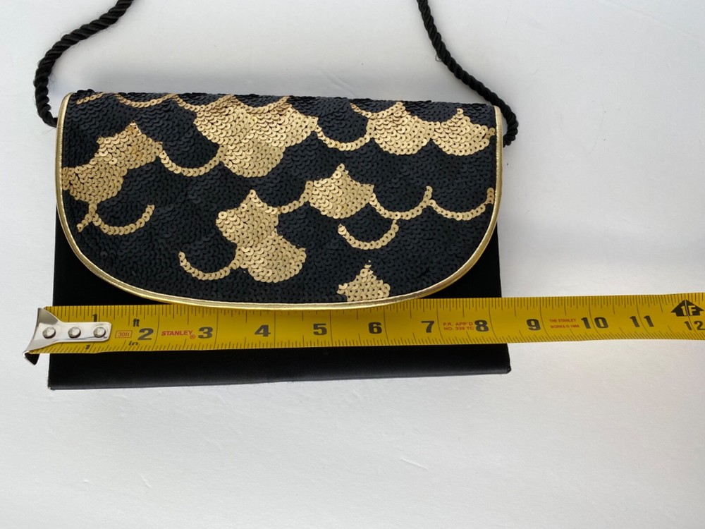 Evening Bag Satin Sequins Black Gold Tone Caparros