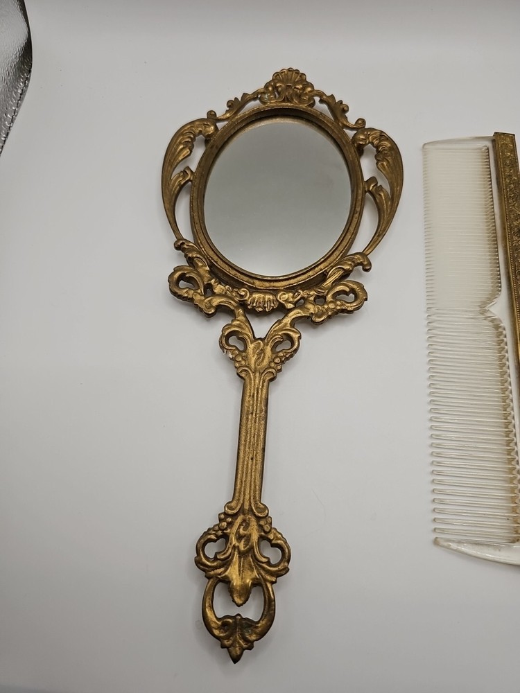 Old Brass Oval Shape Engraved Handcrafted Vanity Cut Work Mirror + Comb