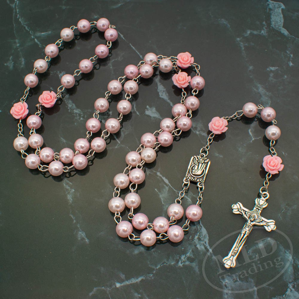 Pink Pearl Rosary Necklace – 32 Inch with Rose Beads Catholic Prayer Crucifix