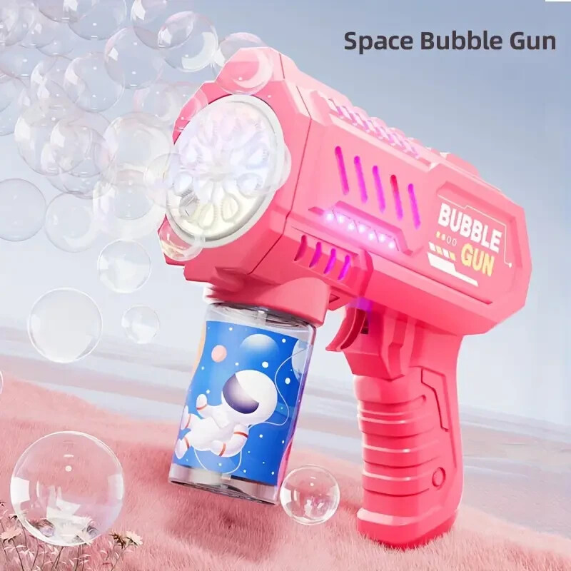 New Fully Automatic Space Bubble Machine Rocket 10 Hole Bubble Maker Toys PINK
