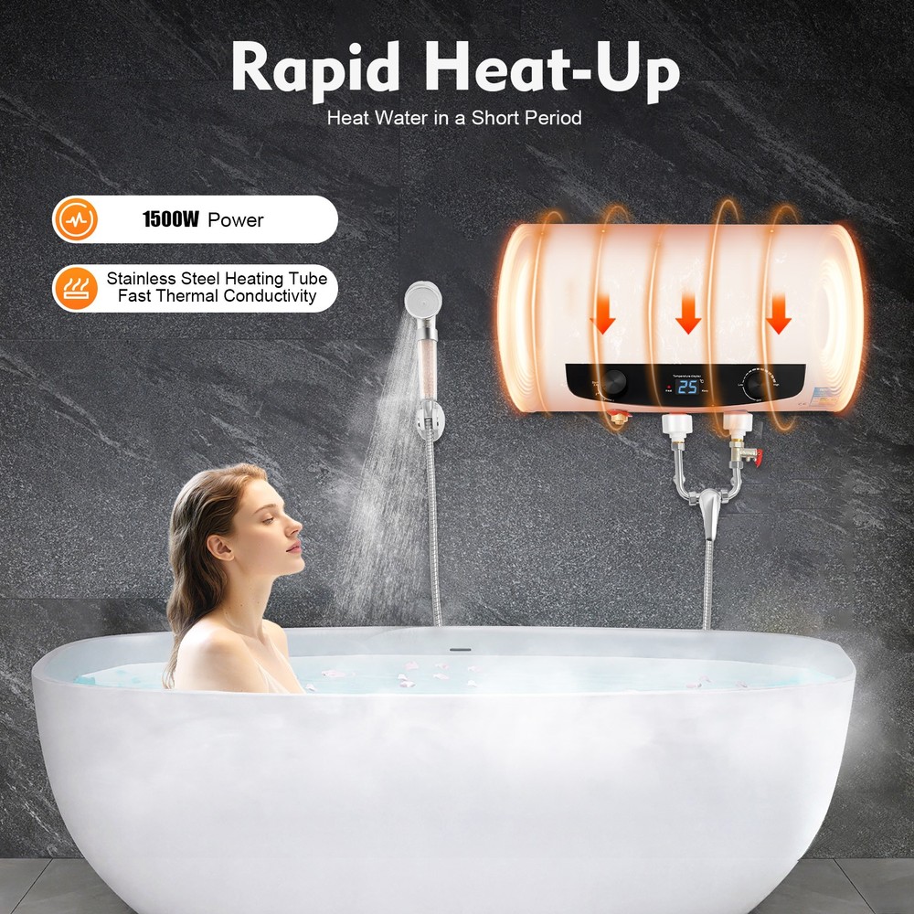 1500W 110V Tank Hot Water Heater Shower Electric Waterproof 30-75℃ White