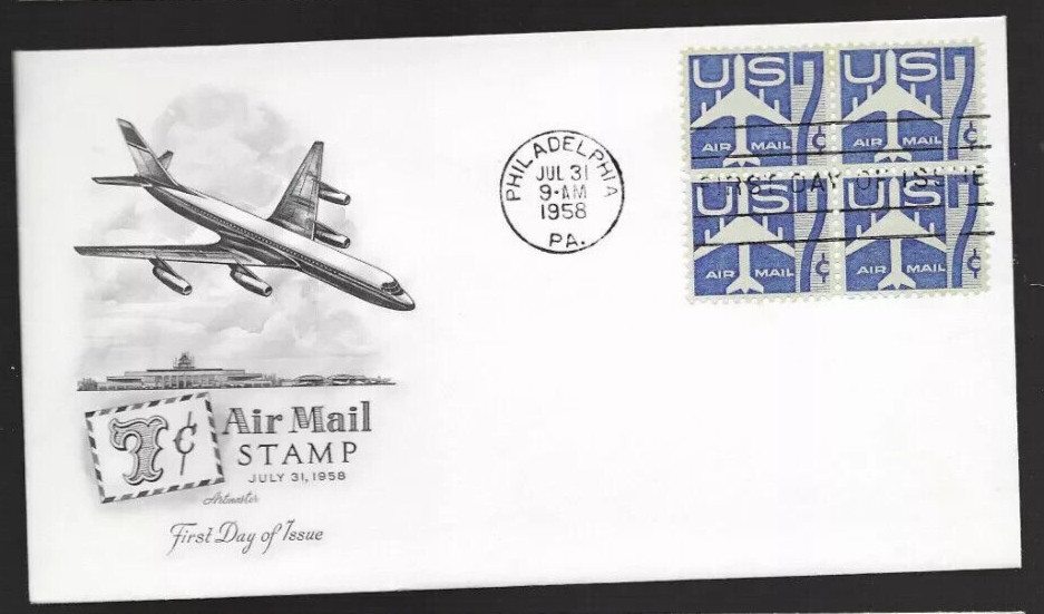 BLUE JET AIRMAIL 7c 1958  STAMP BLOCK ARTMASTER CACHET FDC  UNADDR