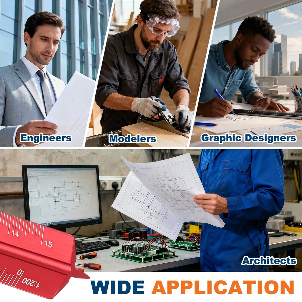 2 Pcs 12 Inch Metric Architectural Triangular Scale Ruler Small Scale, Red