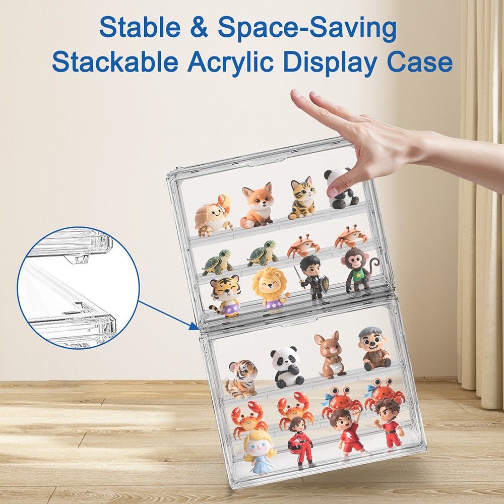 2PCS Clear Acrylic 3 Tier Figure Display Case w/2 Movable Plates Stackable Show