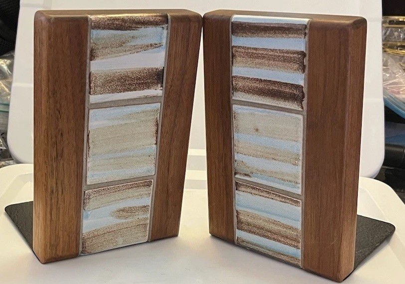 Gordon Jane Martz For Marshall Studios Ceramic Tile Walnut Bookends MCM 1960s