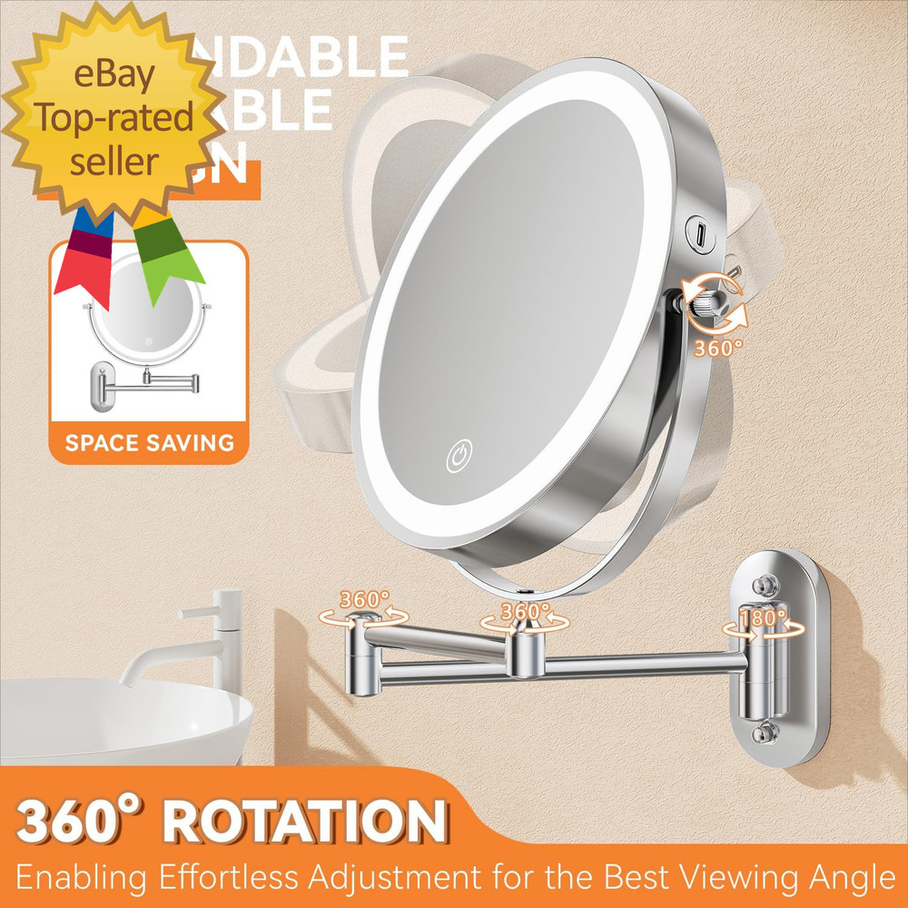 8'' Wall Mounted Lighted Makeup Mirror 3200Mah Rechargeable Double-Sided