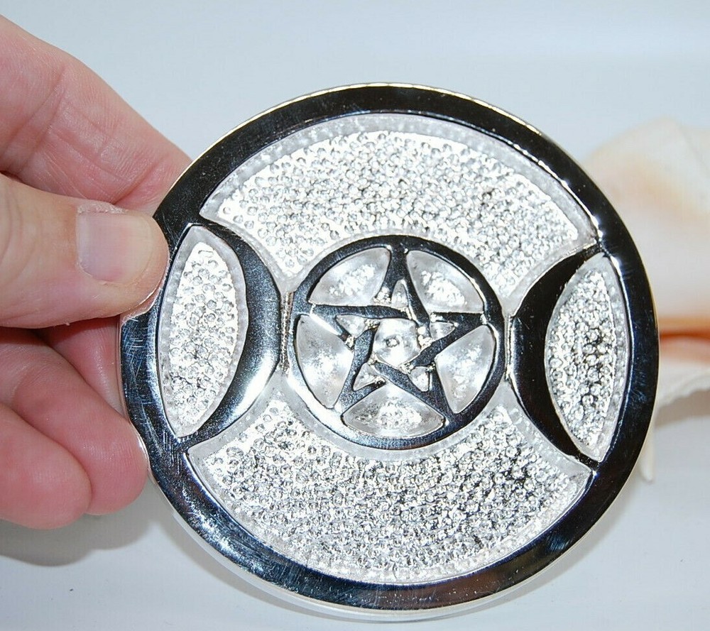 Triple Moon Pentagram Altar Tile Silver Plated Over Solid Brass 3" Wicca. Witch