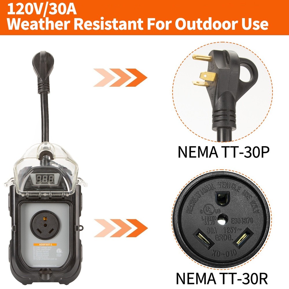 30Amp RV Surge Protector, EMS Surge Protected Time Delay Auto Shut w/ Cover