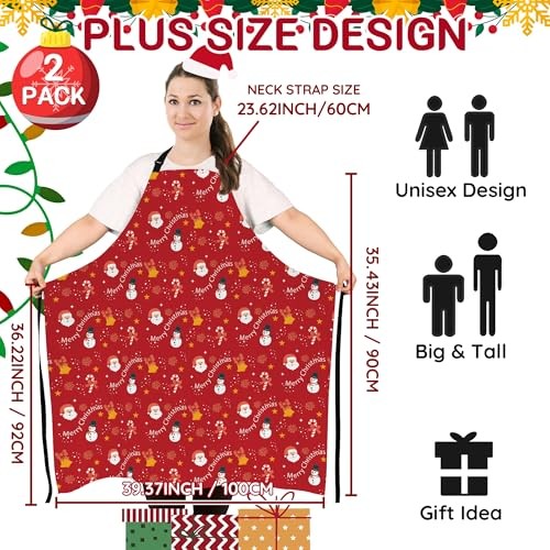 2 Pack Plus Size Funny Christmas Kitchen Apron Unisex Adjustable Xmas Pattern