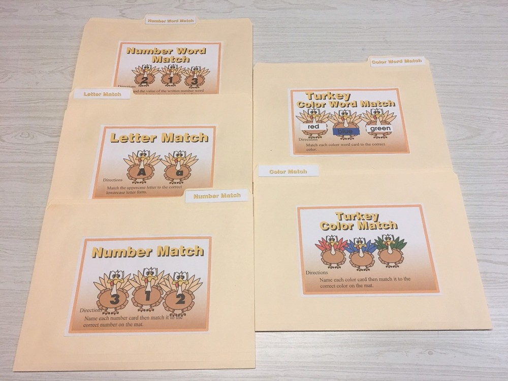 DIY KIT - 5 File Folder Set - Activity -Turkeys UNCUT