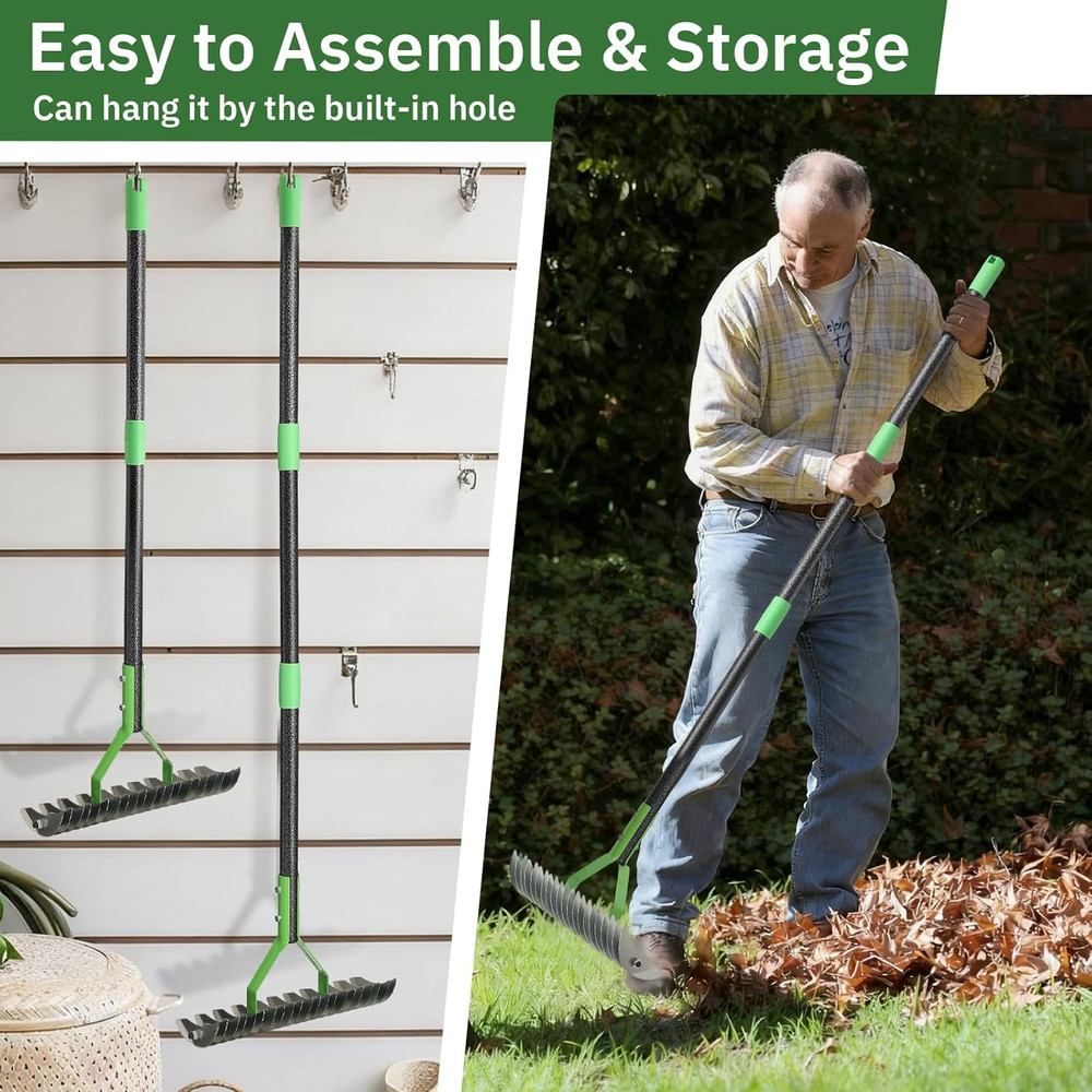 Thatch Rake, 13" Wide Efficient Dethatcher Rake with 70" Adjustable Long Handle,