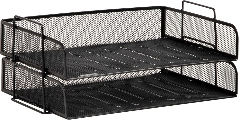 Stackable Paper Tray, Desktop Organizer, File Storage, Metal Mesh, 2 Pcs., Black
