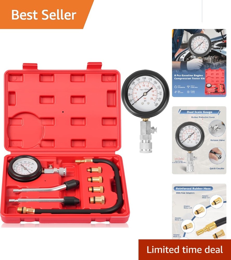 Compact Petrol Engine Compression Tester Kit with Adapters for Various Vehicles