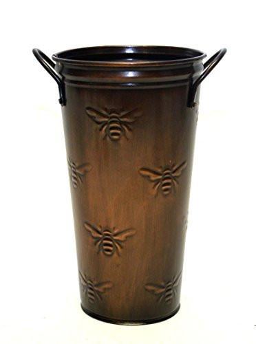 French Flower Bucket, Copperized Tin, Bumble Bee Pattern-10" H X 5.5" D