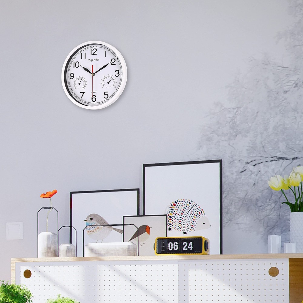 8 Inch White Wall Clock, Sweep Silent Movement Accurate Clocks with Temperatu...