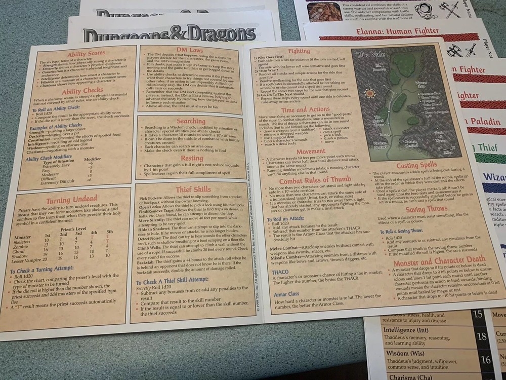 Dungeons &Dragons RARE Adventures & RULES Book 1999 Character SHEETS & Map