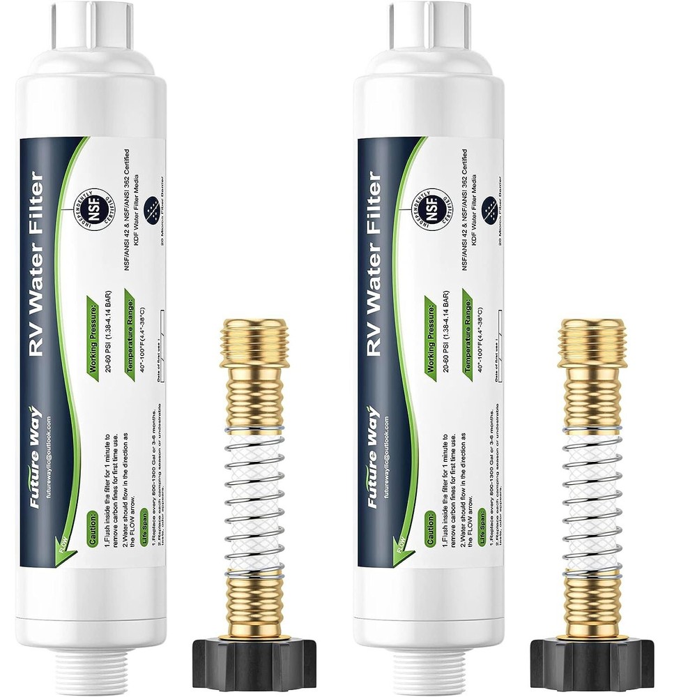 2-Pack RV Water Filter with Flexible Hose Protector, Reduces Odors, Sediments