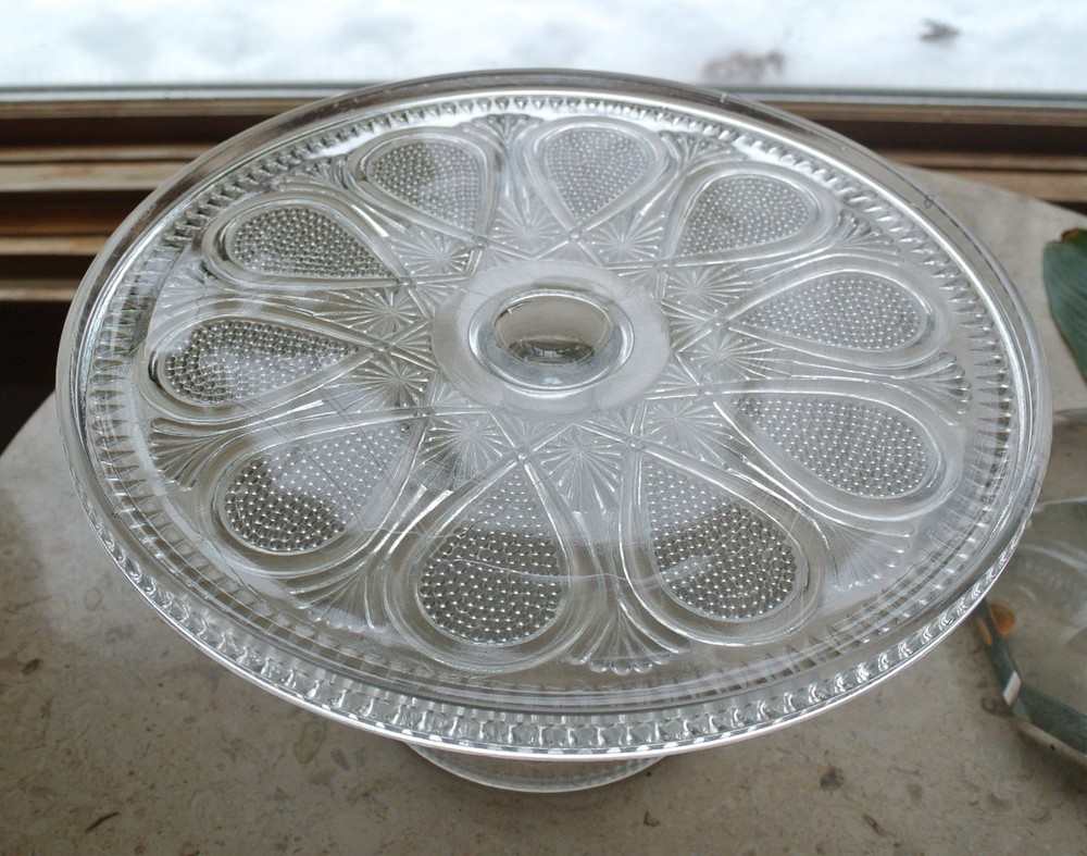 Vintage Pressed Clear Glass Cake Stand "Dotted Loop Pattern"
