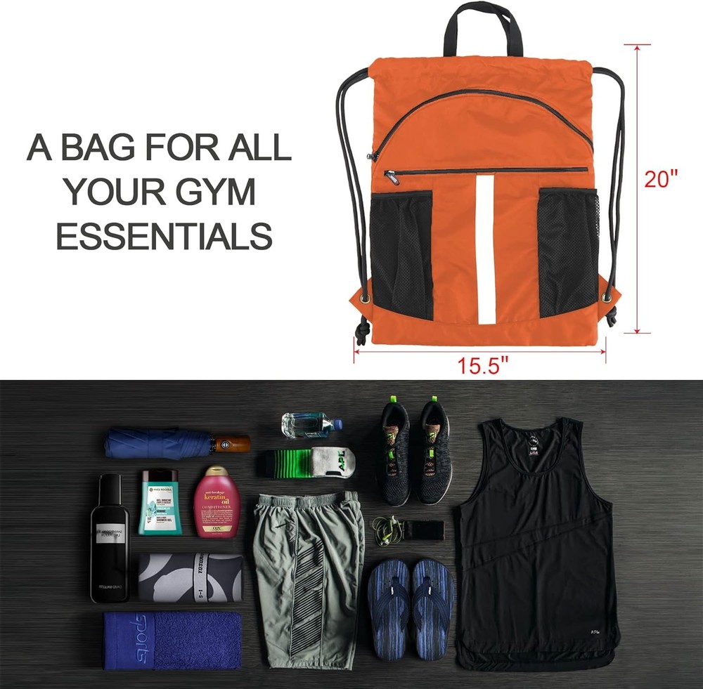 BeeGreen Drawstring Backpack Bag with Shoe Compartment, X-Large Black Orange