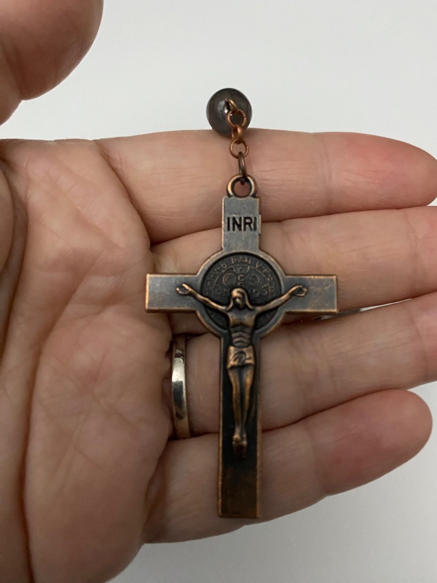 St Benedict Crucifix Glass Rosary Prayer Beads &Pouch Rosario Crucifijo Benito