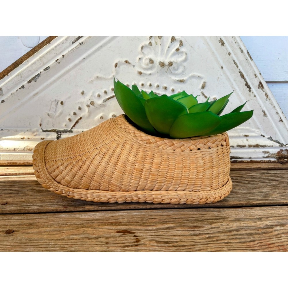Vintage 1970s Woven Grass Shoe Planter Boho