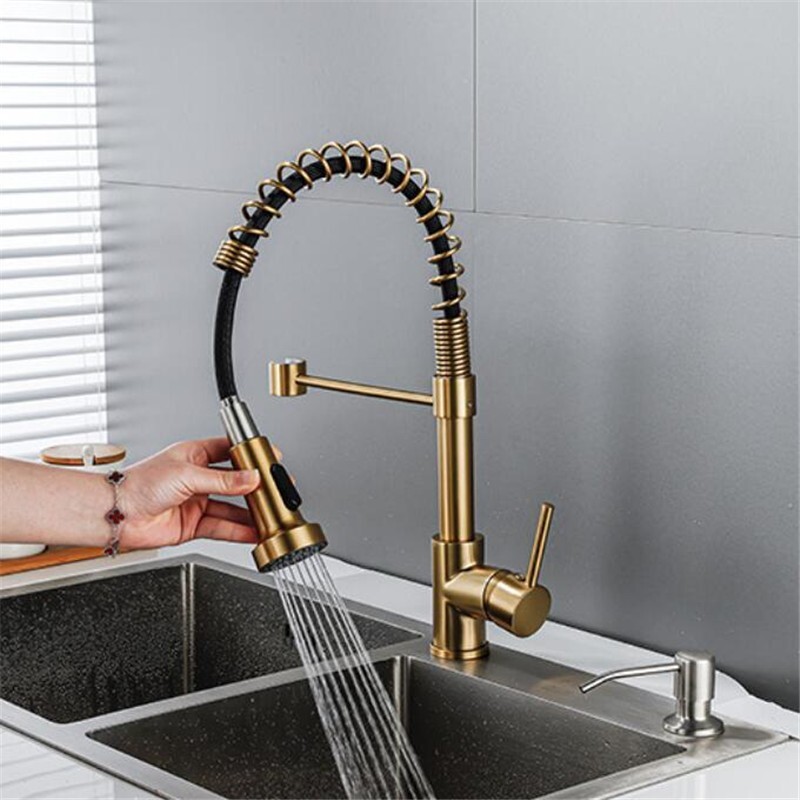 Brushed Gold Spring Kitchen Sink Faucet Pull Down Sprayer Swivel Single Handle
