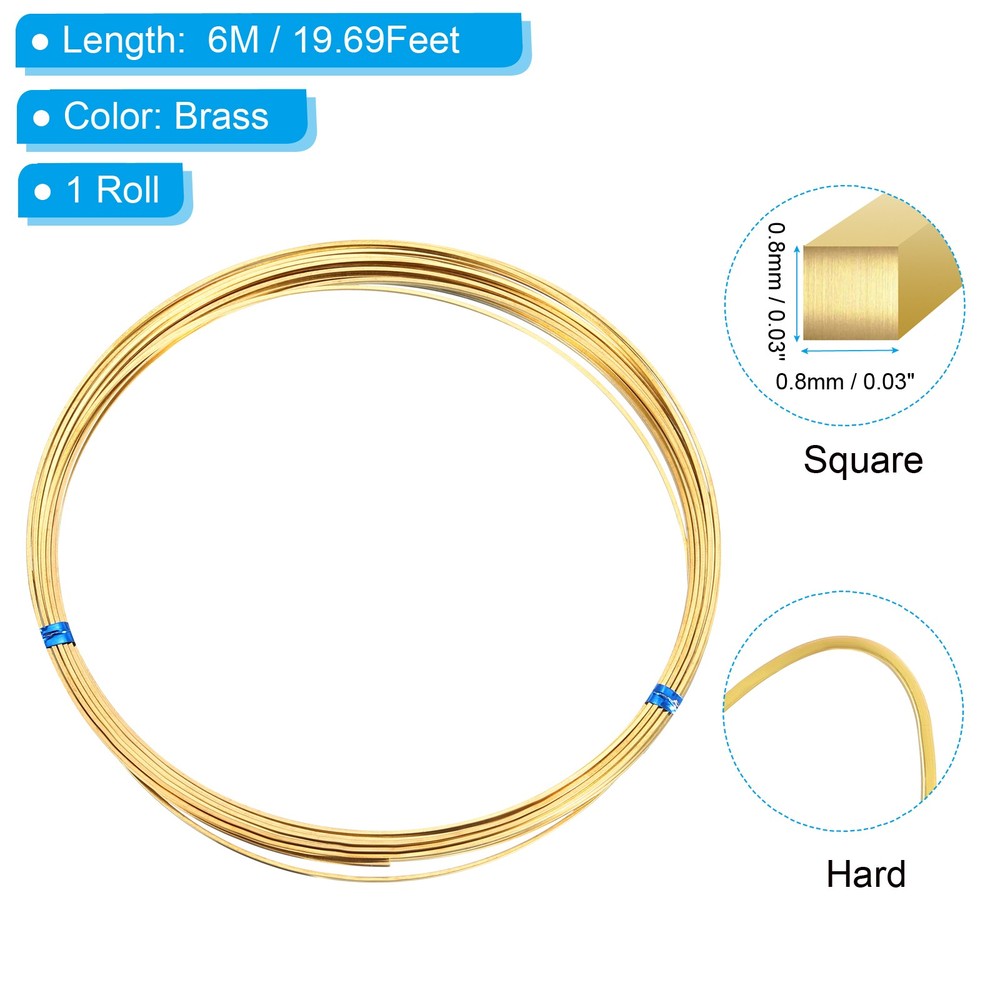 20Ga/0.8mm 19.69Ft Half Hard Bendable Brass Square Wire, Brass