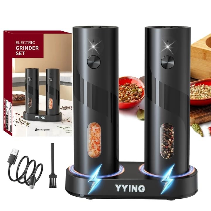 Salt and Pepper Grinder Set, Automatic Pepper Mill Grinder with Charging Base...